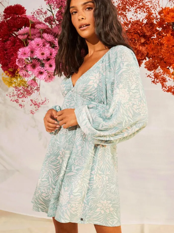 Roxy Dresses Sweetest Shores Puff Sleeve Dress Blue Surf Planao Apparel 8211 Women