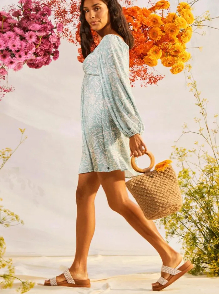 Roxy Dresses Sweetest Shores Puff Sleeve Dress Blue Surf Planao Apparel 8211 Women