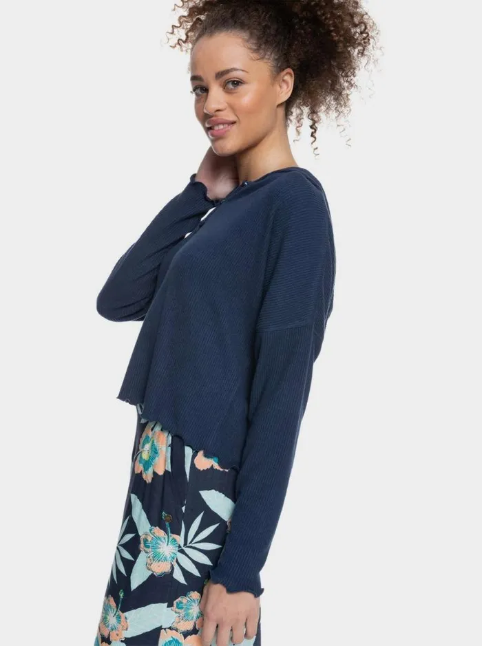 Roxy Fleece and Hoodies Cozy Day Long Sleeve Rib Knit Top Mood Indigo 8211 Women Roxy Fleece and Hoodies Cozy Day Long Sleeve Rib Knit Top Mood Indigo 8211 Women