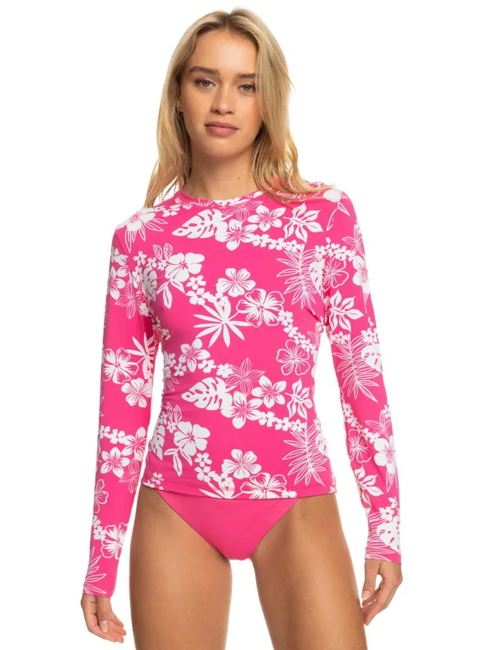 Roxy Rashguards Sea Skippin Long Sleeve UPF 50 Rashguard Shocking Pink Hello Aloha 8211 Women Roxy Rashguards Sea Skippin Long Sleeve UPF 50 Rashguard Shocking Pink Hello Aloha 8211 Women