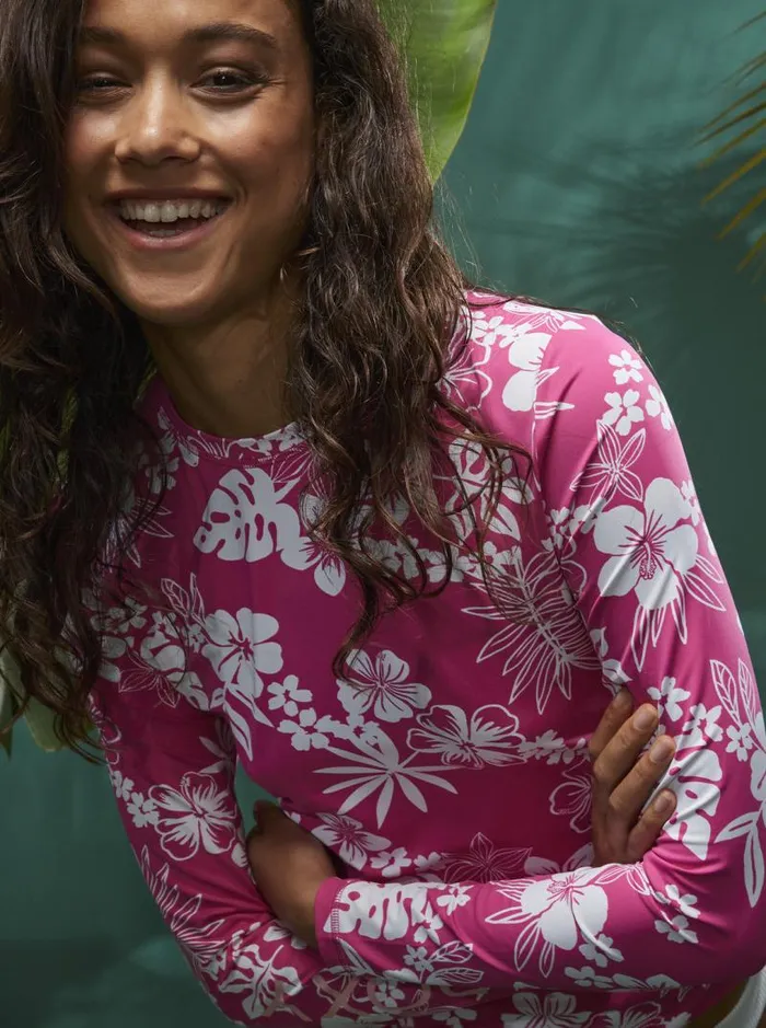 Roxy Rashguards Sea Skippin Long Sleeve UPF 50 Rashguard Shocking Pink Hello Aloha 8211 Women Roxy Rashguards Sea Skippin Long Sleeve UPF 50 Rashguard Shocking Pink Hello Aloha 8211 Women