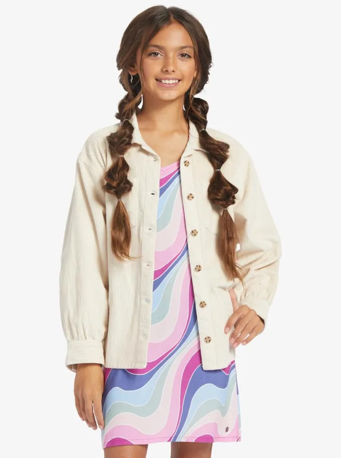 Roxy Tees and Tanks Girls039 416 Something Beautiful Solid Oversized Corduroy Shirt Tapioca 8211 Kids