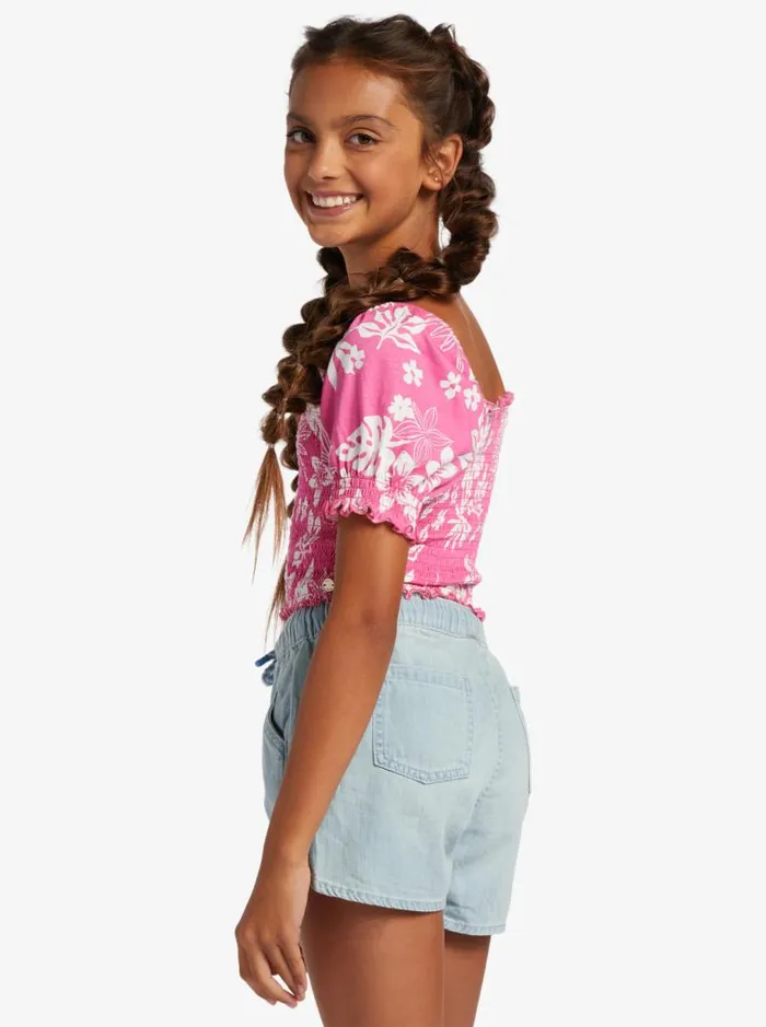 Roxy Tops Girl039s 416 Sunday Night Sessions Puff Sleeve Top For Girls Shocking Pink Hello Aloha 8211 Kids