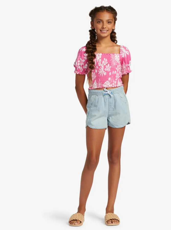 Roxy Tops Girl039s 416 Sunday Night Sessions Puff Sleeve Top For Girls Shocking Pink Hello Aloha 8211 Kids