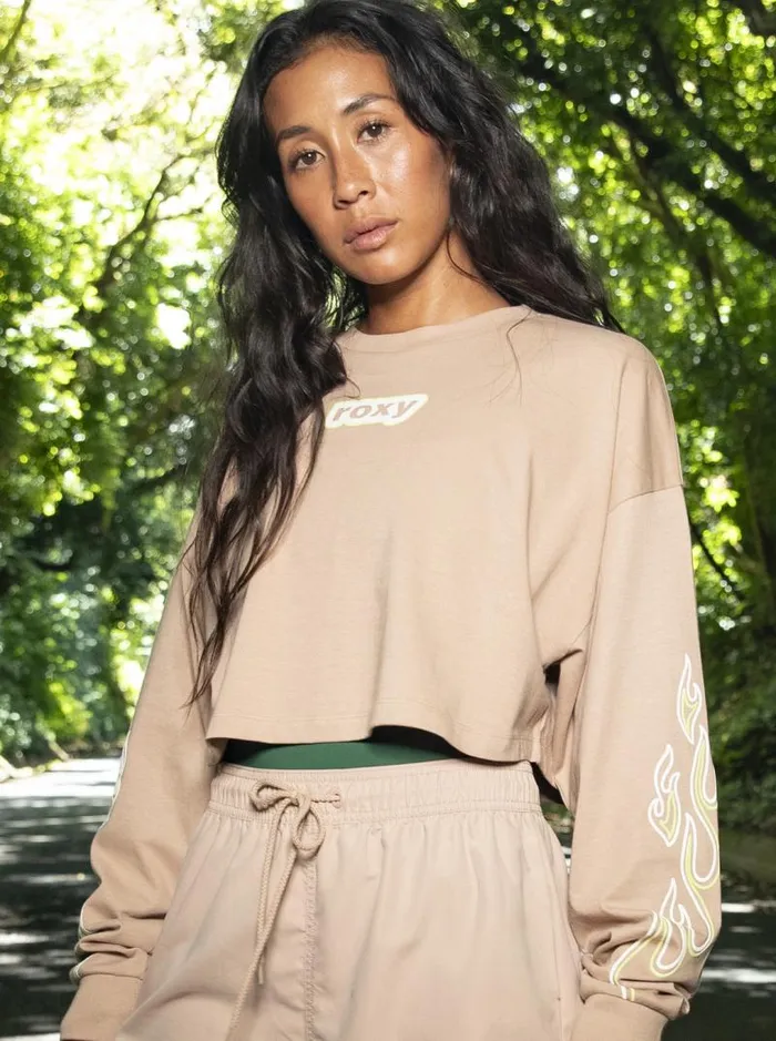 Roxy Tops Kelia Cropped Oversized Long Sleeve TShirt Warm Taupe 8211 Women