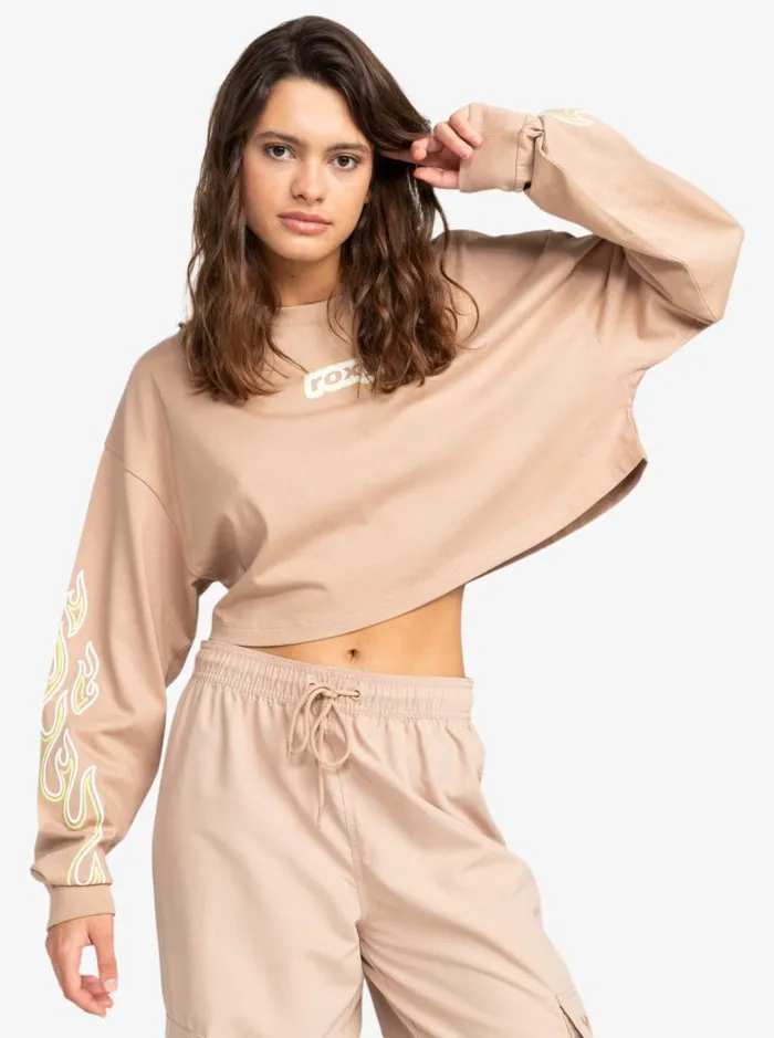 Roxy Tops Kelia Cropped Oversized Long Sleeve TShirt Warm Taupe 8211 Women