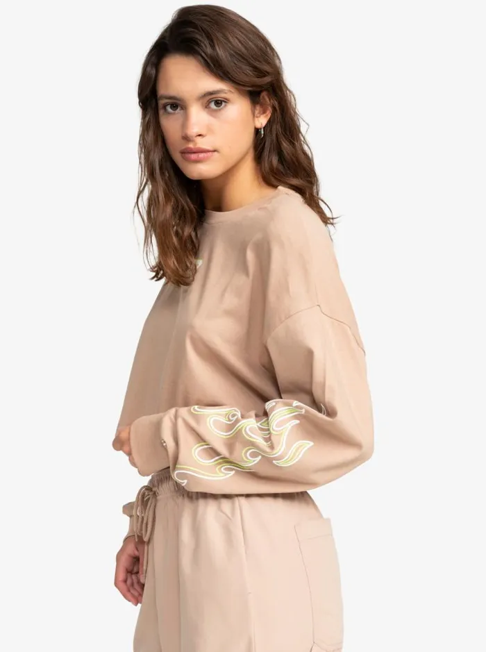 Roxy Tops Kelia Cropped Oversized Long Sleeve TShirt Warm Taupe 8211 Women