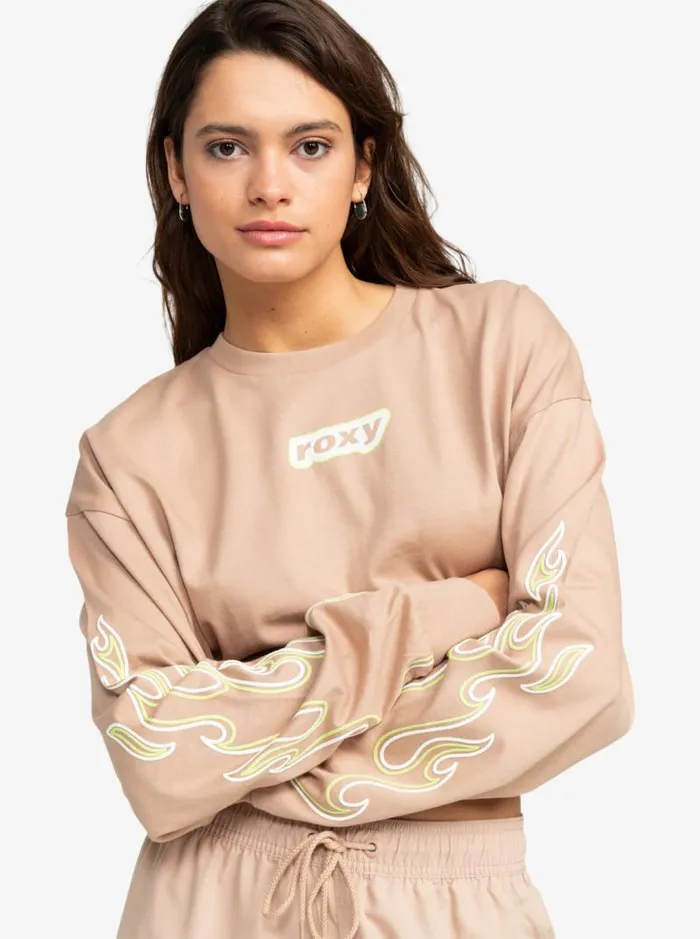 Roxy Tops Kelia Cropped Oversized Long Sleeve TShirt Warm Taupe 8211 Women