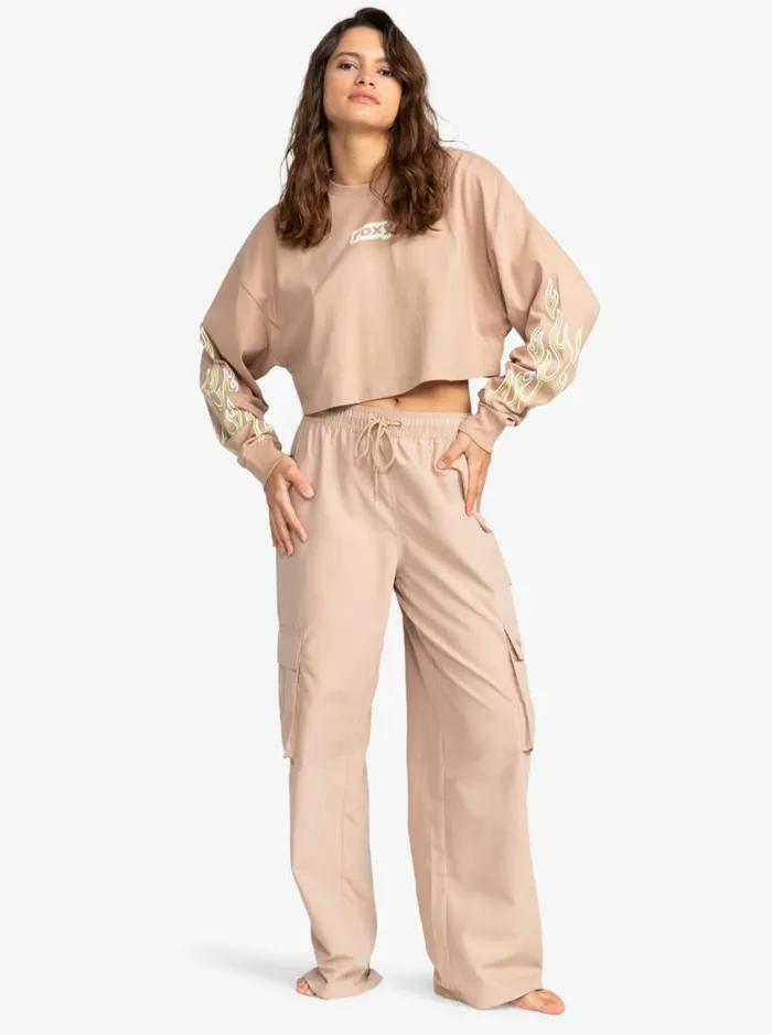 Roxy Tops Kelia Cropped Oversized Long Sleeve TShirt Warm Taupe 8211 Women
