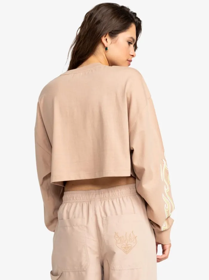 Roxy Tops Kelia Cropped Oversized Long Sleeve TShirt Warm Taupe 8211 Women