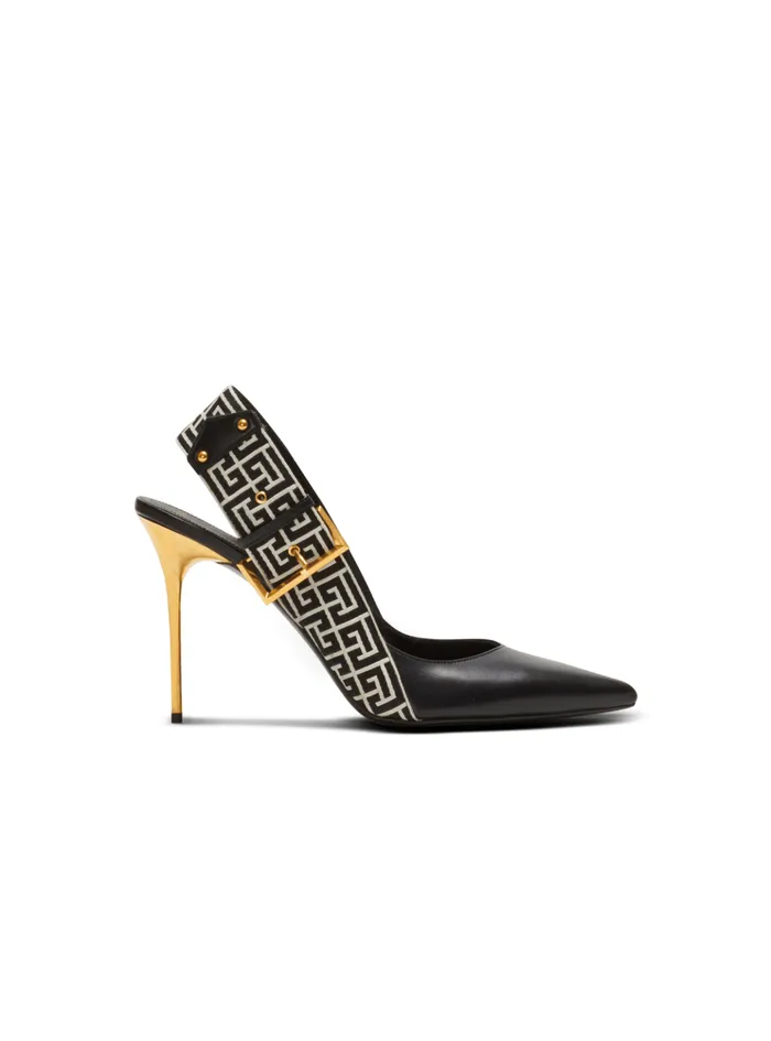Ruby Monogrammed Leather Slingbacks Black Women Balmain High Heels and Pumps