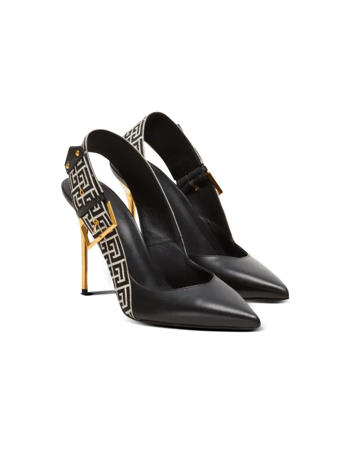 Ruby Monogrammed Leather Slingbacks Black Women Balmain High Heels and Pumps