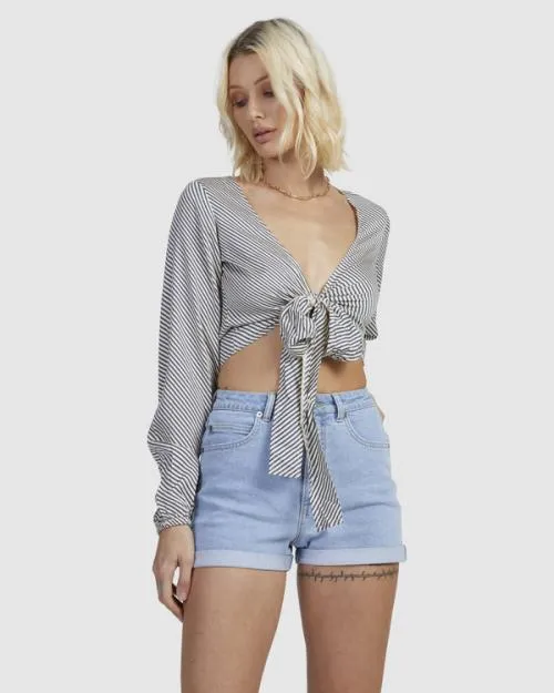 Rvca Eclipse Tie Front Long Sleeve Shirt Salt Women Tops