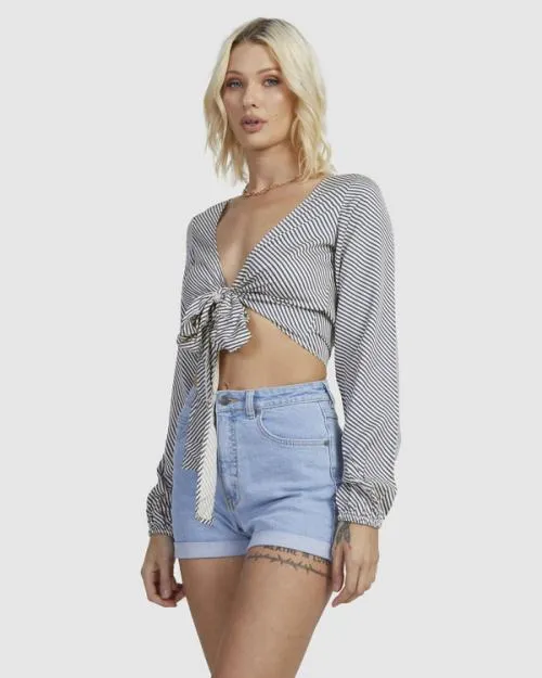 Rvca Eclipse Tie Front Long Sleeve Shirt Salt Women Tops