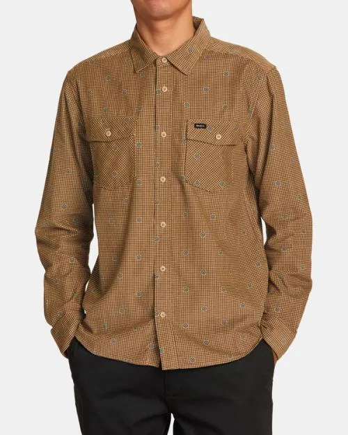Rvca Freeman Cord Print Long Sleeve Shirt Khaki Men Shirts and Flannels