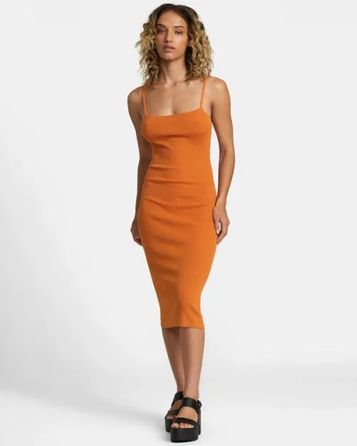 Rvca Rose Machado Fades Away Bodycon Dress Golden Ochre Women Dresses and Rompers