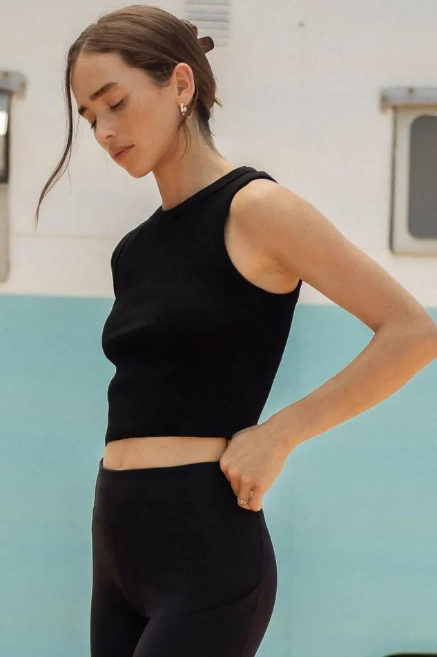 Selena Ribbed Tank In Black Black Women Bohme Tees and Tanks
