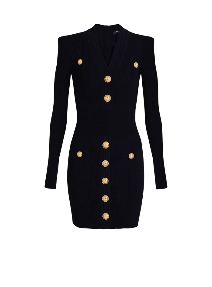 Short Knitted Dress With Gold Buttons Black Women Balmain Dresses