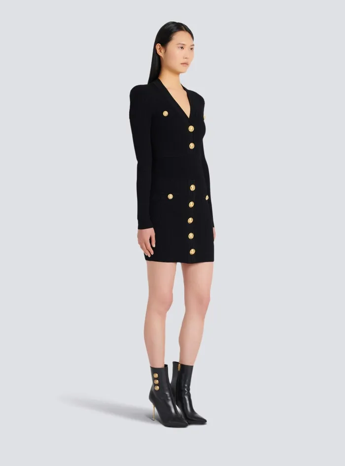 Short Knitted Dress With Gold Buttons Black Women Balmain Dresses