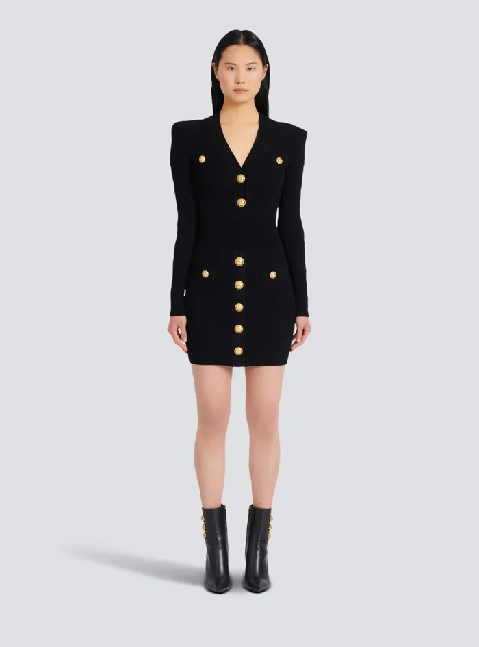 Short Knitted Dress With Gold Buttons Black Women Balmain Dresses