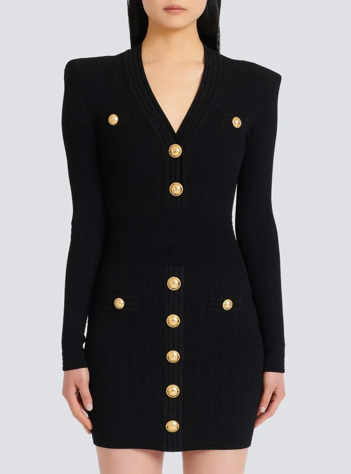 Short Knitted Dress With Gold Buttons Black Women Balmain Dresses