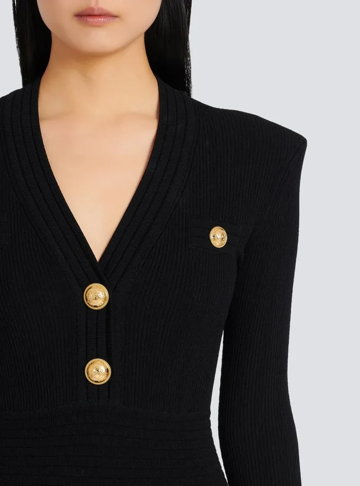 Short Knitted Dress With Gold Buttons Black Women Balmain Dresses