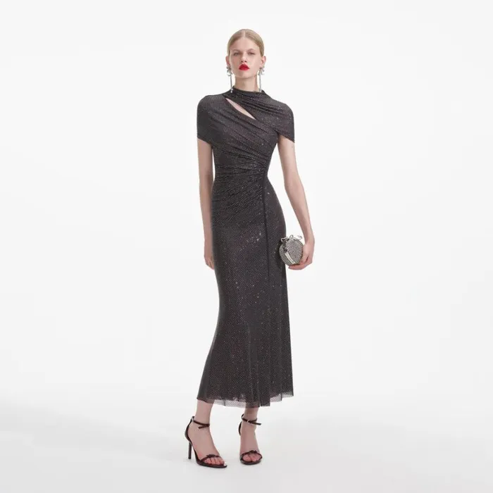 Slate Rhinestone Mesh Cut Out Midi Dress Women Self Portrait Dresses
