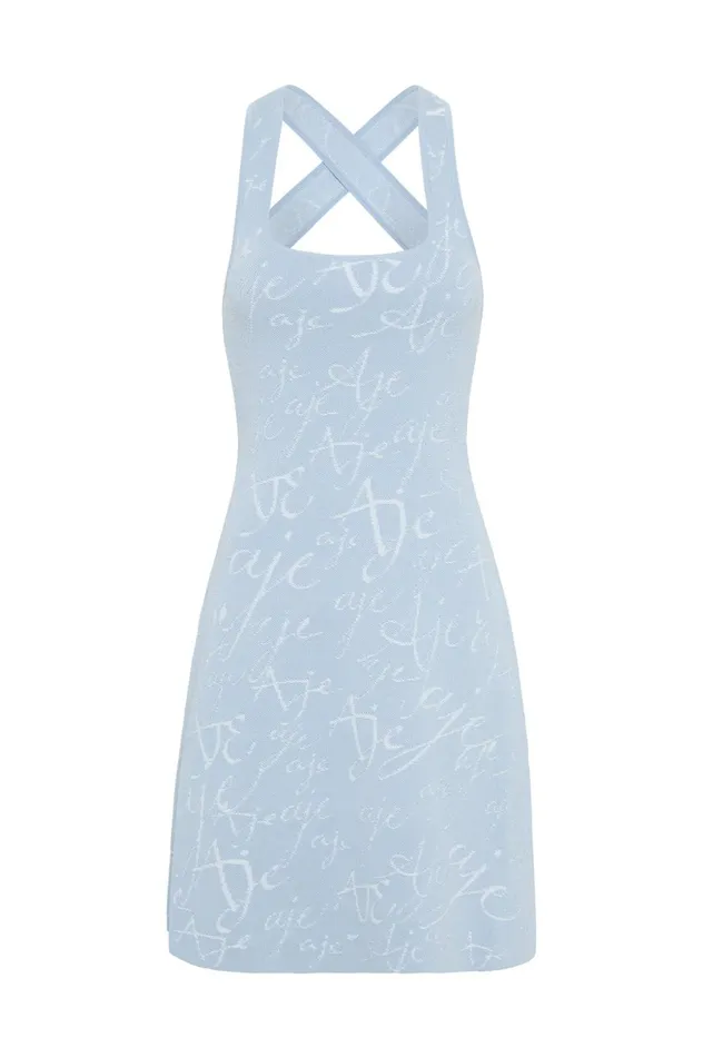 Soleil Knit Mini Dress Steel Blue Ivory Women Aje Midi Dresses