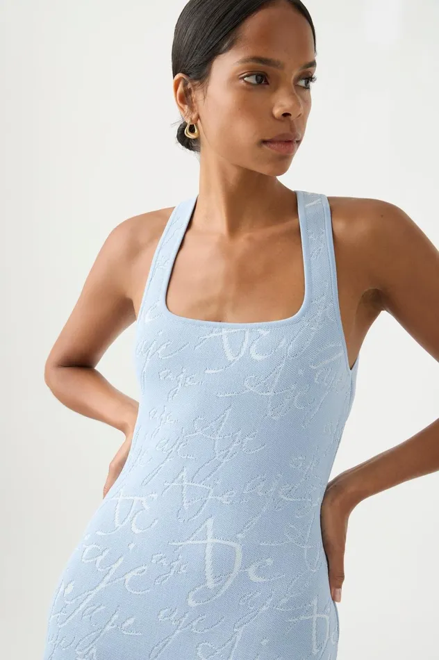 Soleil Knit Mini Dress Steel Blue Ivory Women Aje Midi Dresses