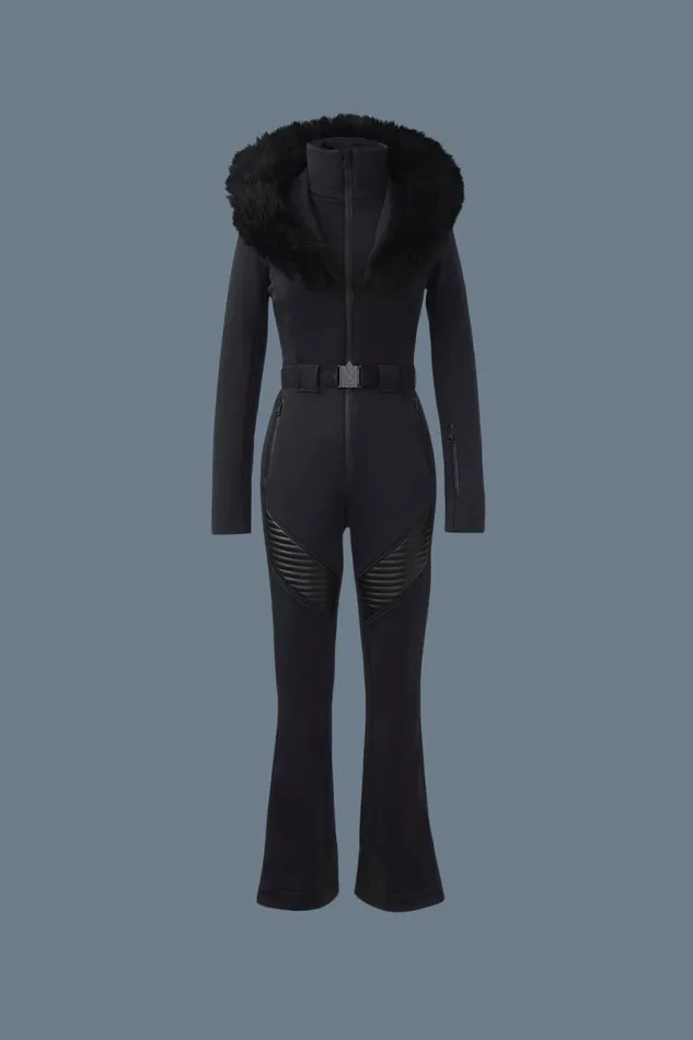 Suits Women Mackage ELLEZ Techno Fleece Ski Suit With Removable Hood And Fur Trim Milkshake