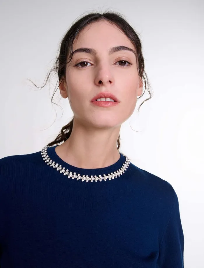 Sweaters and Cardigans Women Maje Knit Crop Jumper With Rhinestones Navy