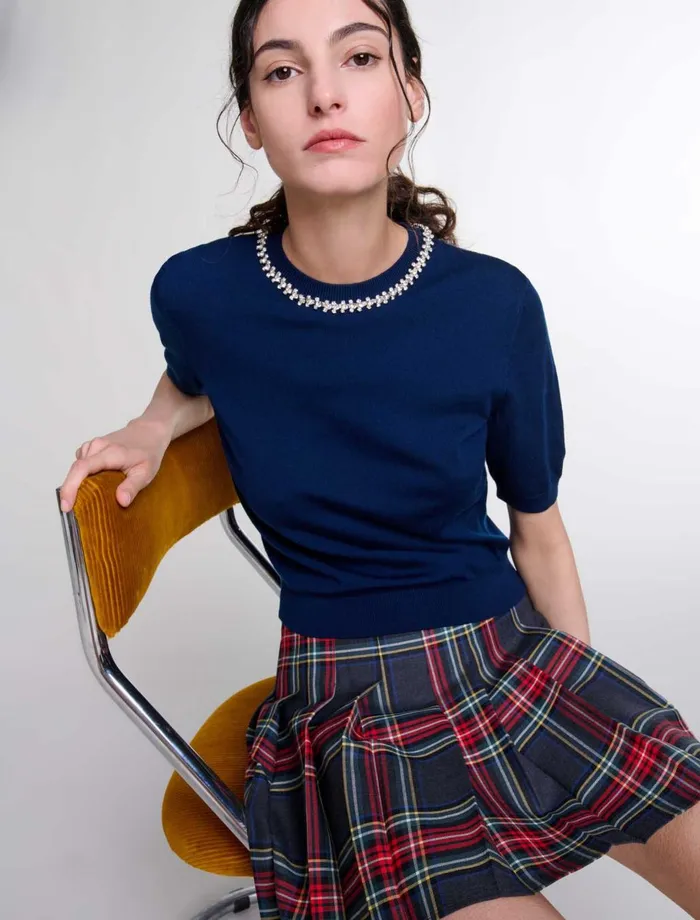 Sweaters and Cardigans Women Maje Knit Crop Jumper With Rhinestones Navy