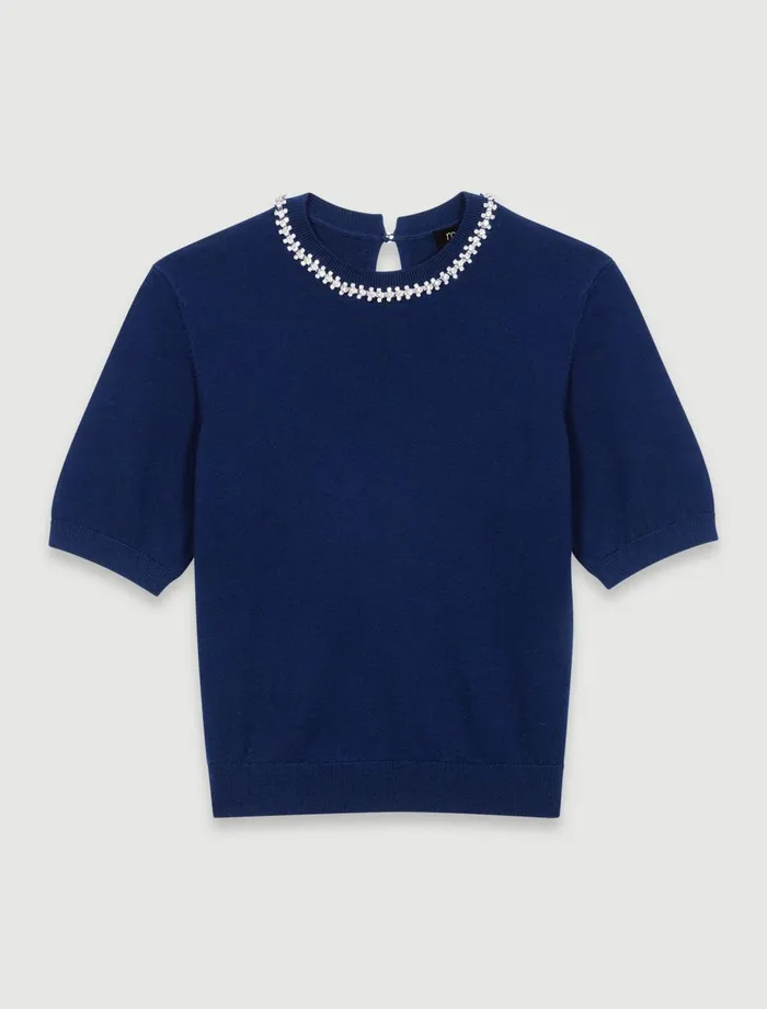Sweaters and Cardigans Women Maje Knit Crop Jumper With Rhinestones Navy