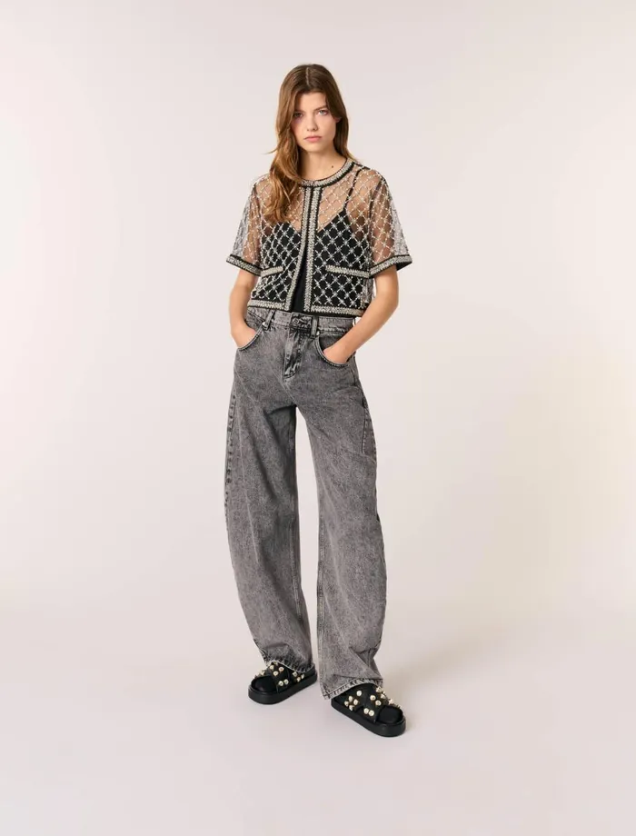 Tops and Shirts Women Maje Embroidered Tulle Top Black