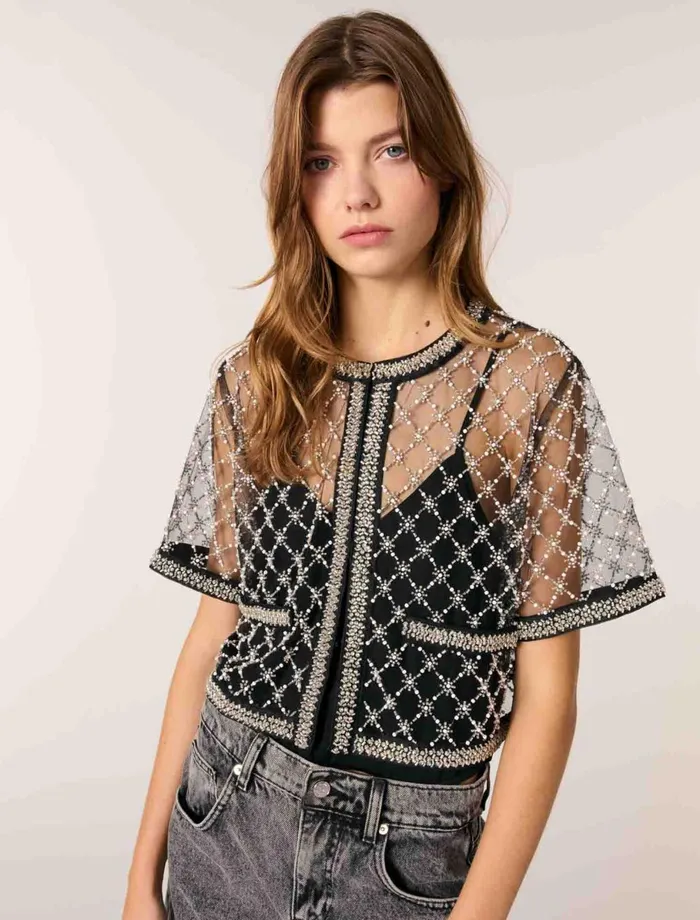 Tops and Shirts Women Maje Embroidered Tulle Top Black