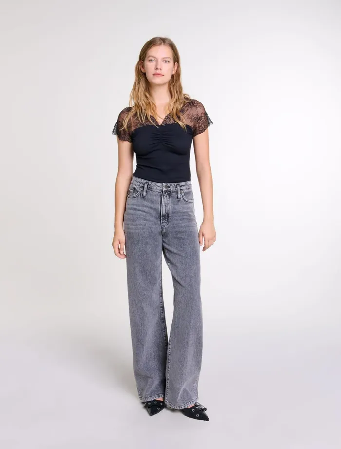 Tops and Shirts Women Maje Jersey Top With Lace Trim Black