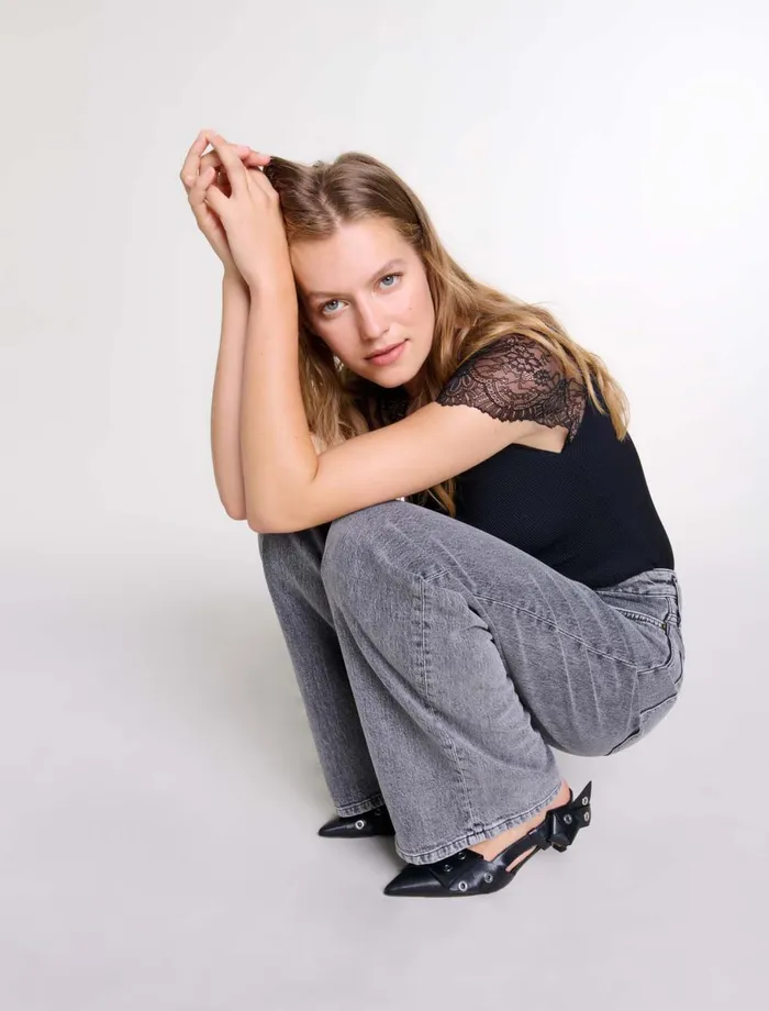 Tops and Shirts Women Maje Jersey Top With Lace Trim Black Tops and Shirts Women Maje Jersey Top With Lace Trim Black