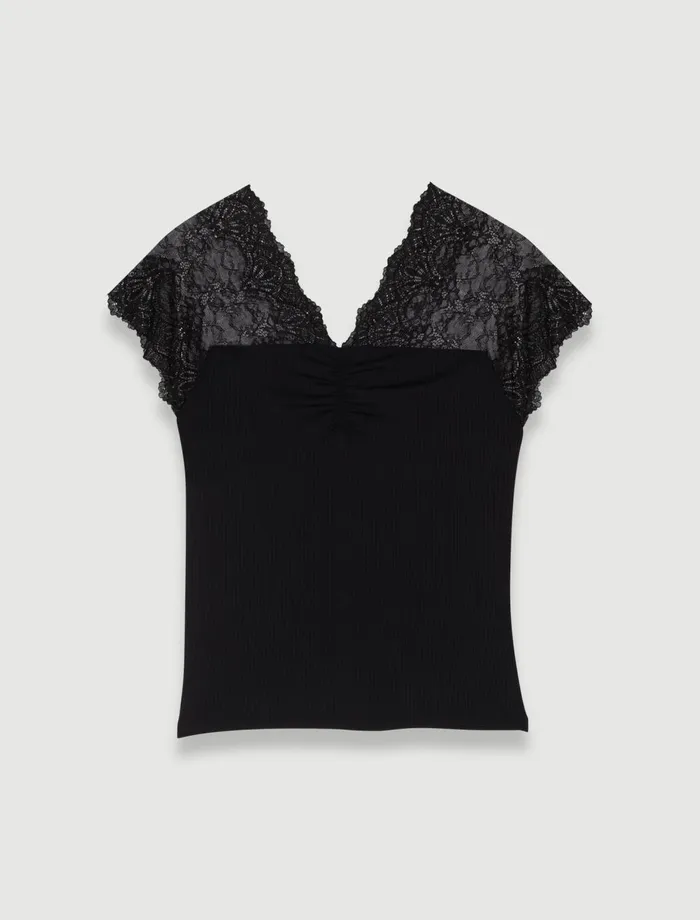 Tops and Shirts Women Maje Jersey Top With Lace Trim Black Tops and Shirts Women Maje Jersey Top With Lace Trim Black