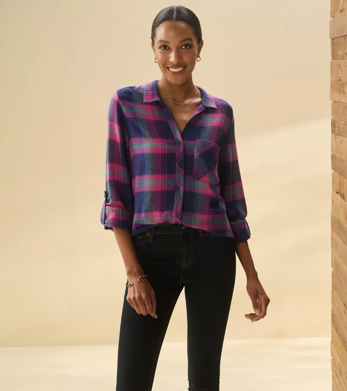 Tops Women Hatley Lila Button Down 8211 Fuchsia Plaid