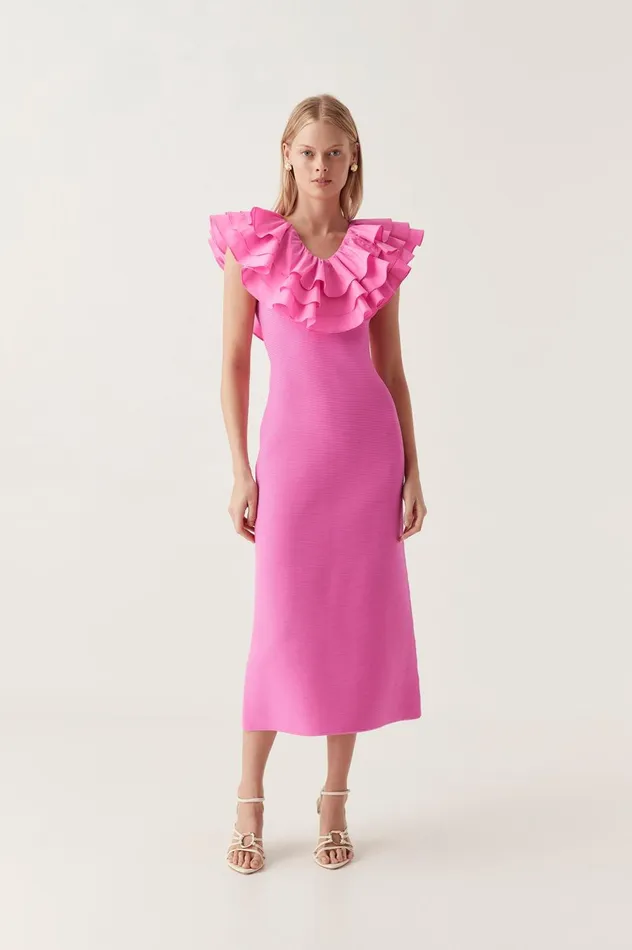 Transcendent Ruffle Midi Dress Cerise Pink Women Aje Pink Dresses