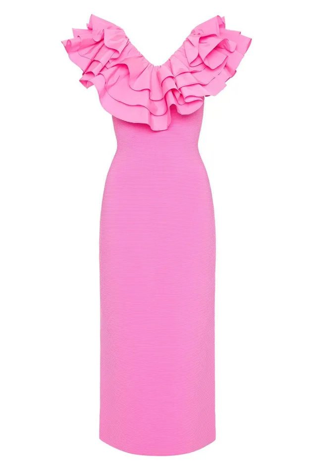 Transcendent Ruffle Midi Dress Cerise Pink Women Aje Pink Dresses
