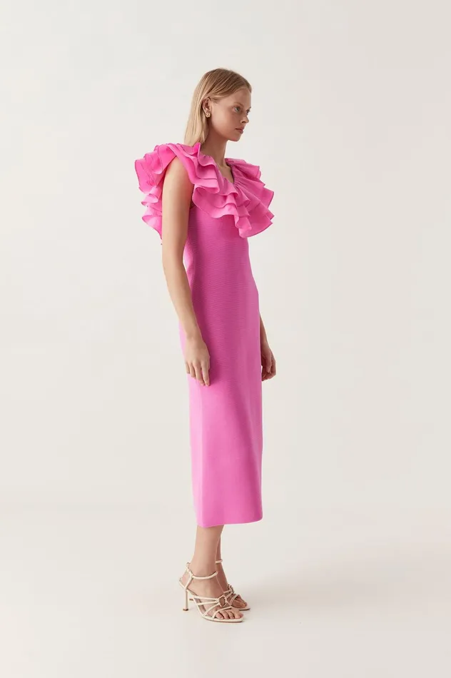 Transcendent Ruffle Midi Dress Cerise Pink Women Aje Pink Dresses