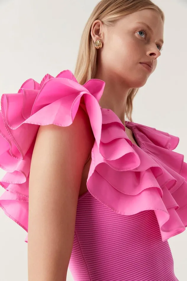 Transcendent Ruffle Midi Dress Cerise Pink Women Aje Pink Dresses