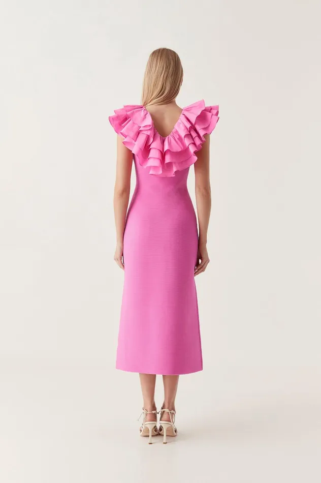 Transcendent Ruffle Midi Dress Cerise Pink Women Aje Pink Dresses