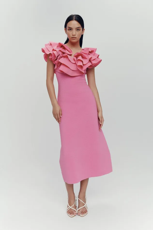 Transcendent Ruffle Midi Dress Cerise Pink Women Aje Pink Dresses