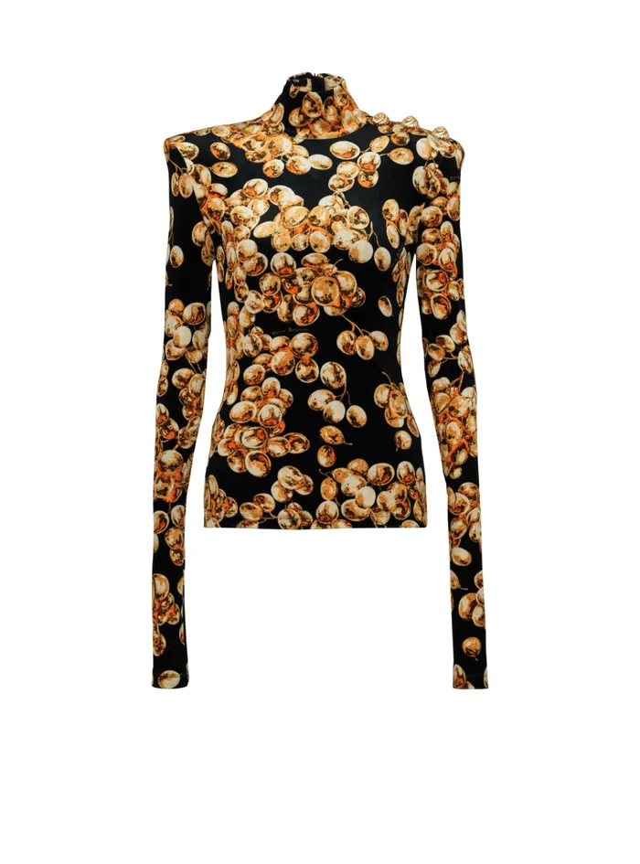 Velvet Top With Grape Print Gold Women Balmain Tops And Shirts