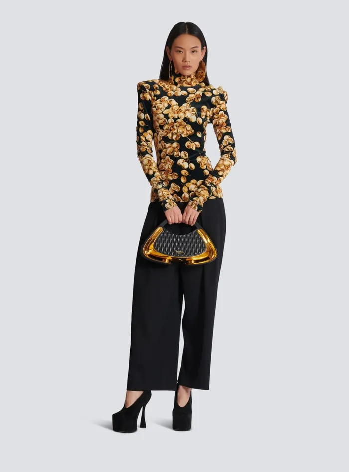 Velvet Top With Grape Print Gold Women Balmain Tops And Shirts