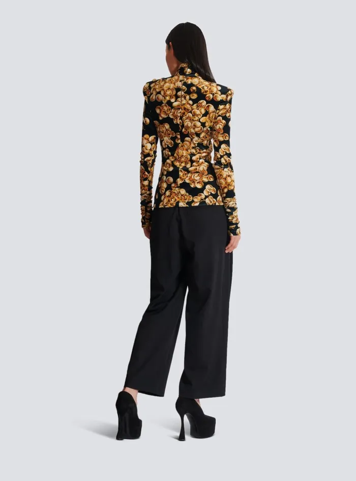 Velvet Top With Grape Print Gold Women Balmain Tops And Shirts