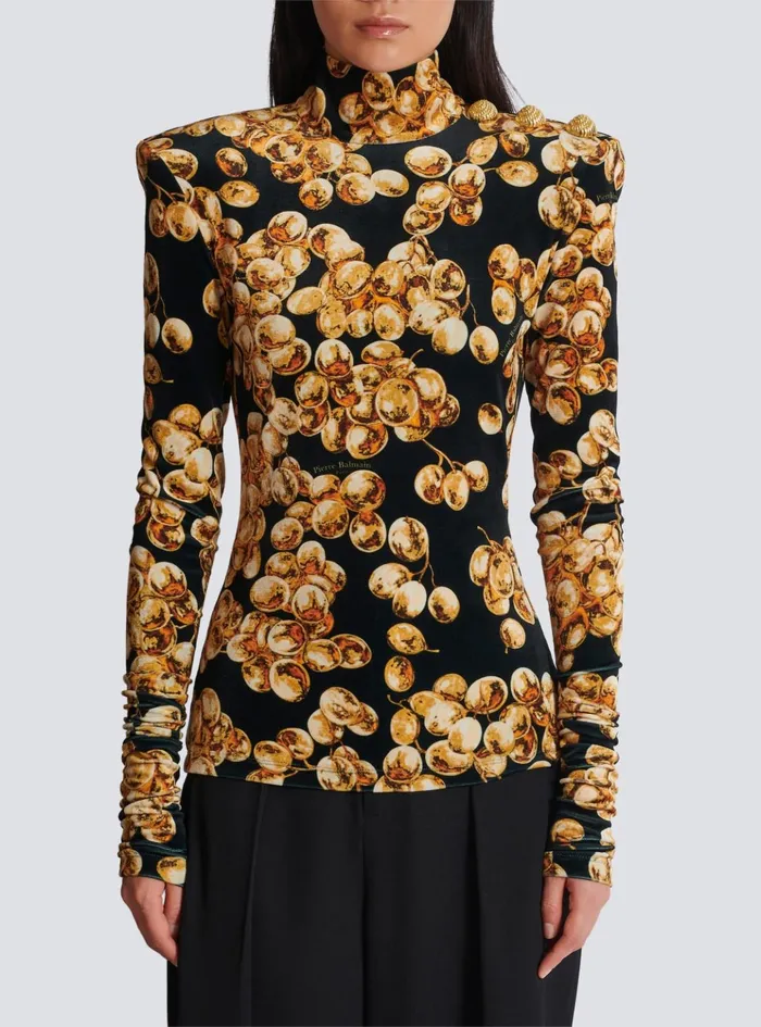 Velvet Top With Grape Print Gold Women Balmain Tops And Shirts