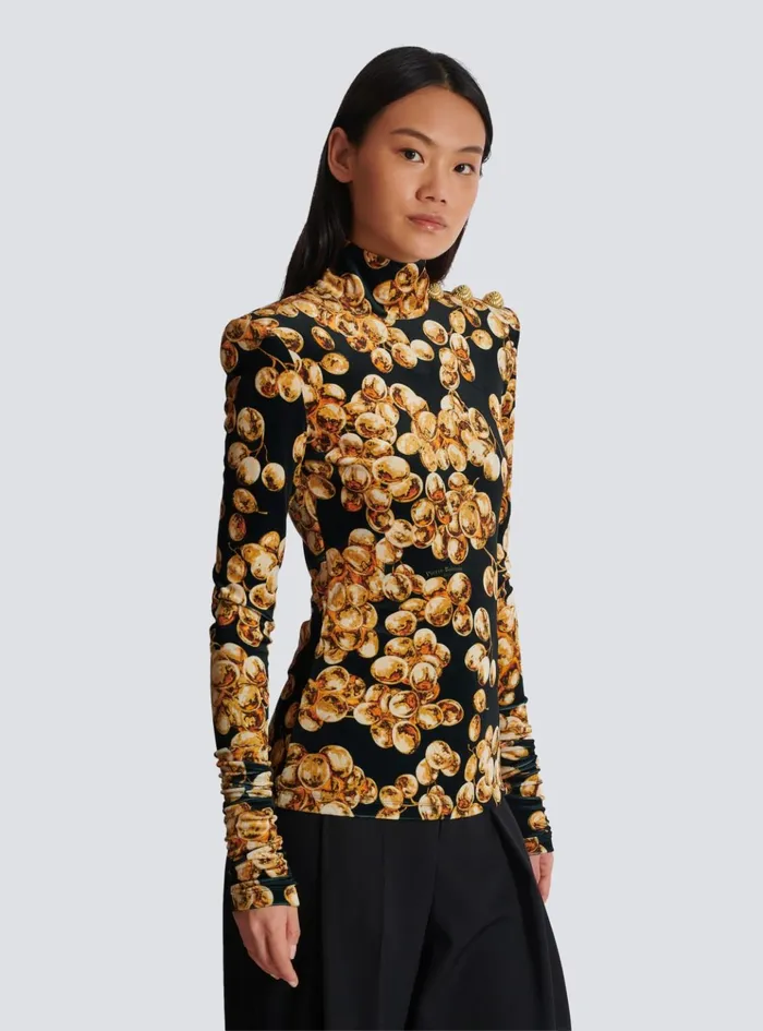 Velvet Top With Grape Print Gold Women Balmain Tops And Shirts